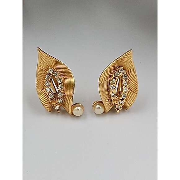Vintage Clip On Satin Gold Leaf Shaped Earrings‎ with Rhinestones - Picture 1 of 3